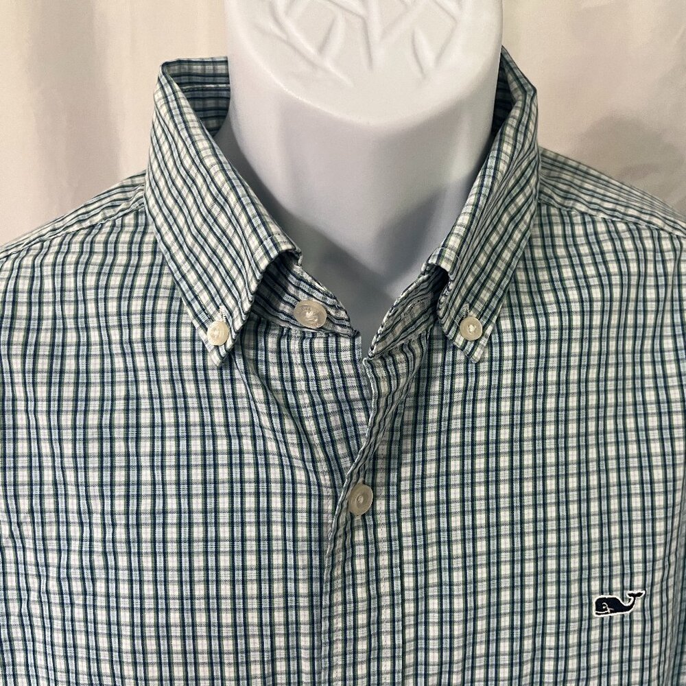 🐋 Vineyard Vines Men’s Whale Shirt White Teal Blue Check Long Sleeve L 🧵